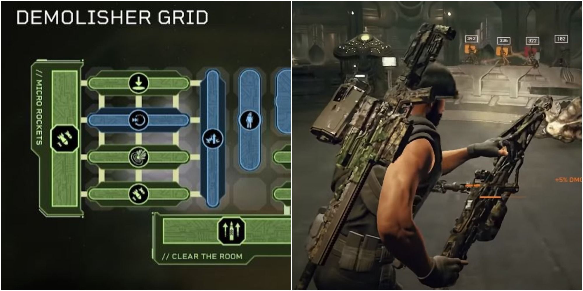 Side-by-side of the Demolisher Perk Grid and a Demolisher setting up a defensive perimeter in Aliens: Fireteam Elite
