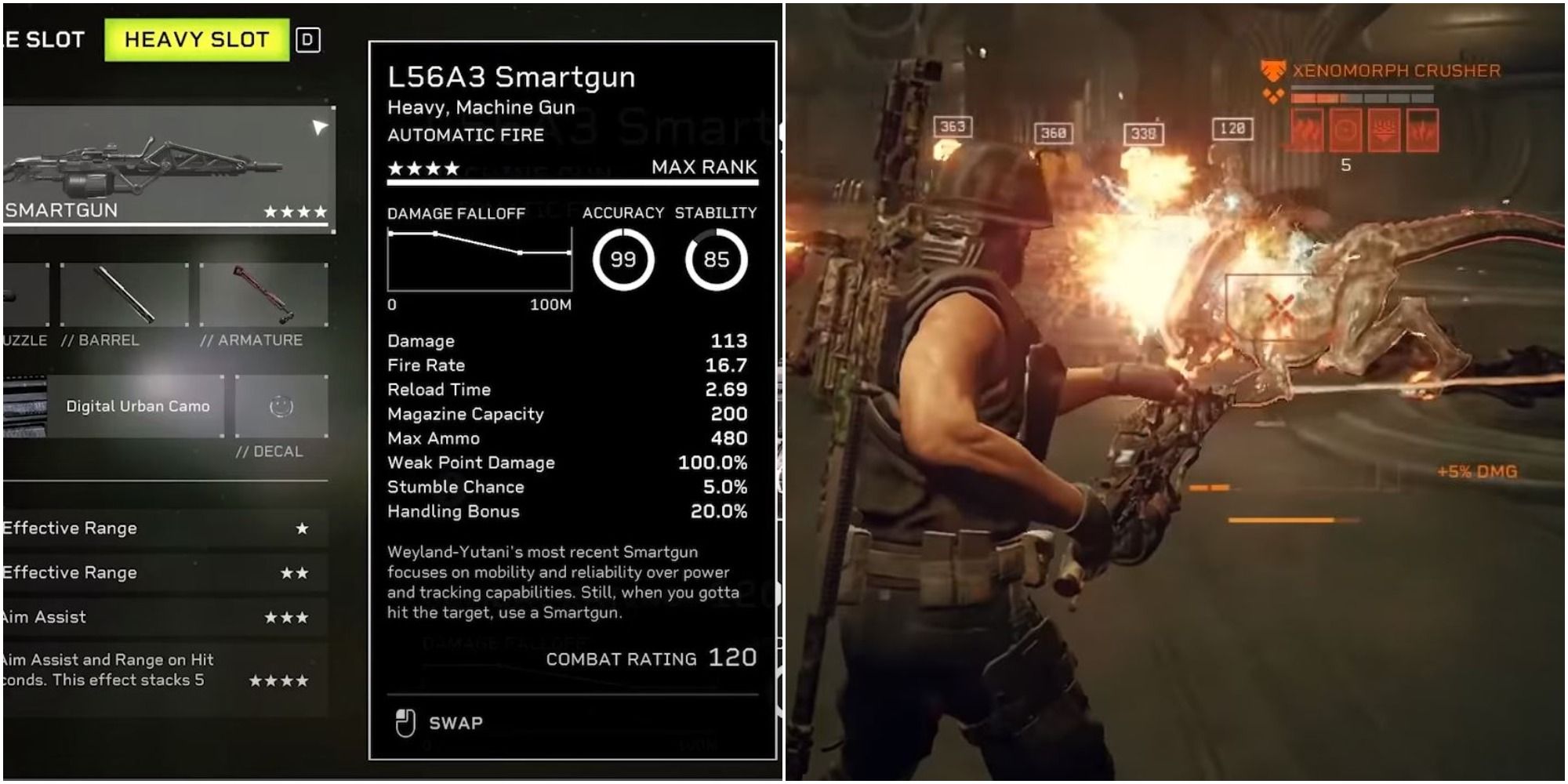 Side-by-side of Smartgun description and the Smartgun in action in Aliens: Fireteam Elite