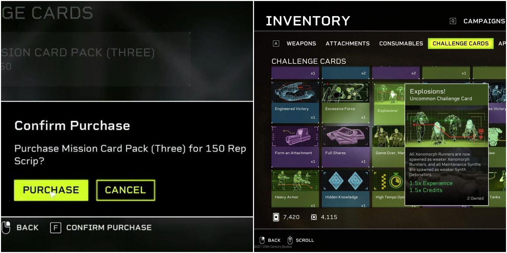 A side-by-side in Aliens: Fireteam Elite showing that you can purchase a Challenge Card pack, and the grid with Challenge Cards available for use