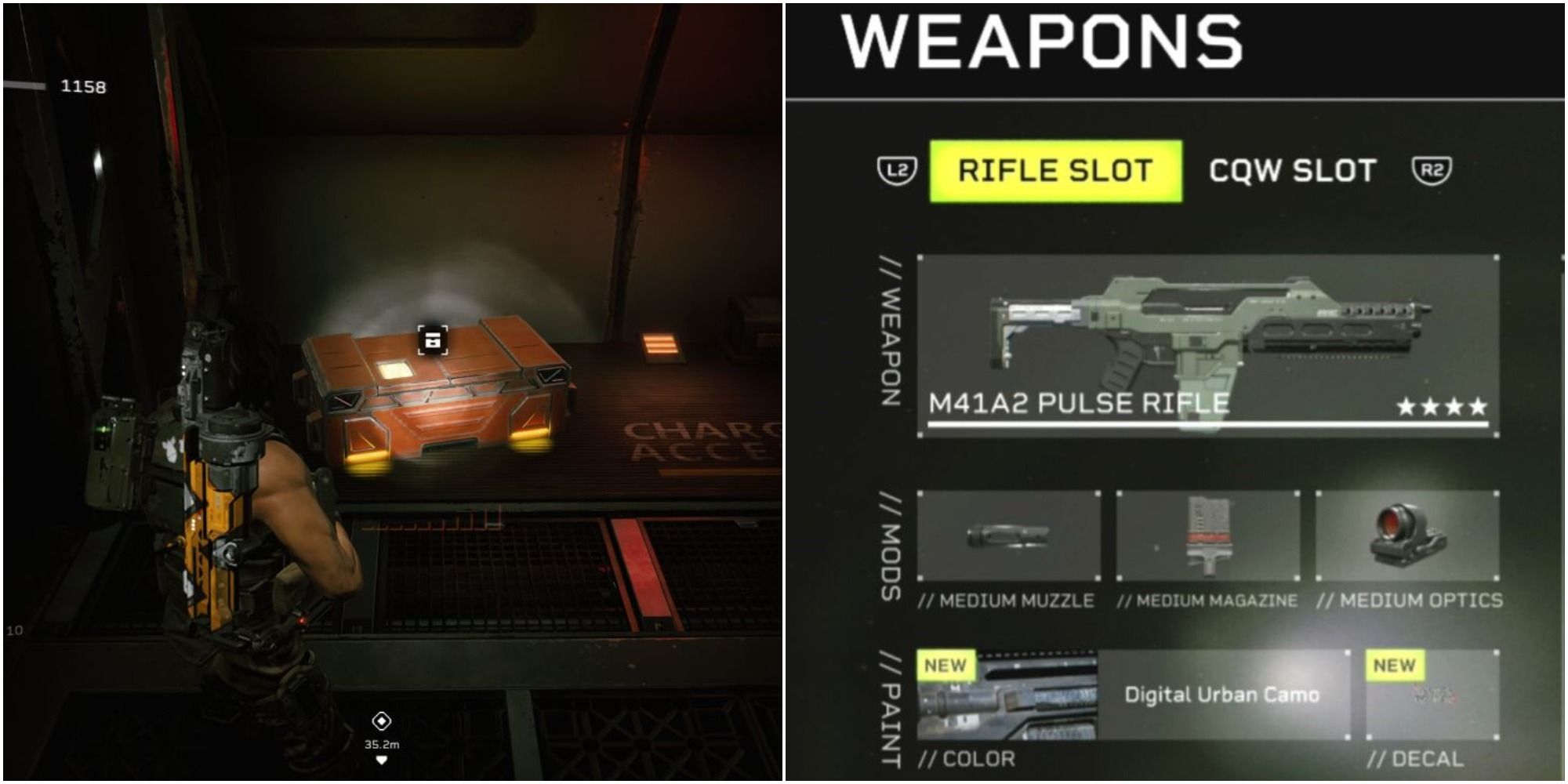 Left: Finding the hidden caches in Aliens: Fireteam Elite. Right: weapon screen for the Pulse Rifle showing off attachments