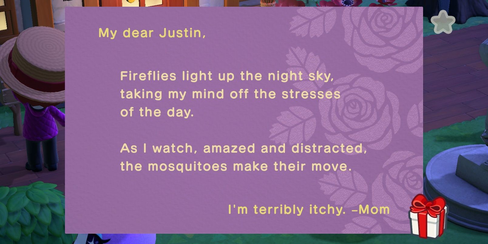 A letter from Animal Crossing Mom with a poem about mosquitoes