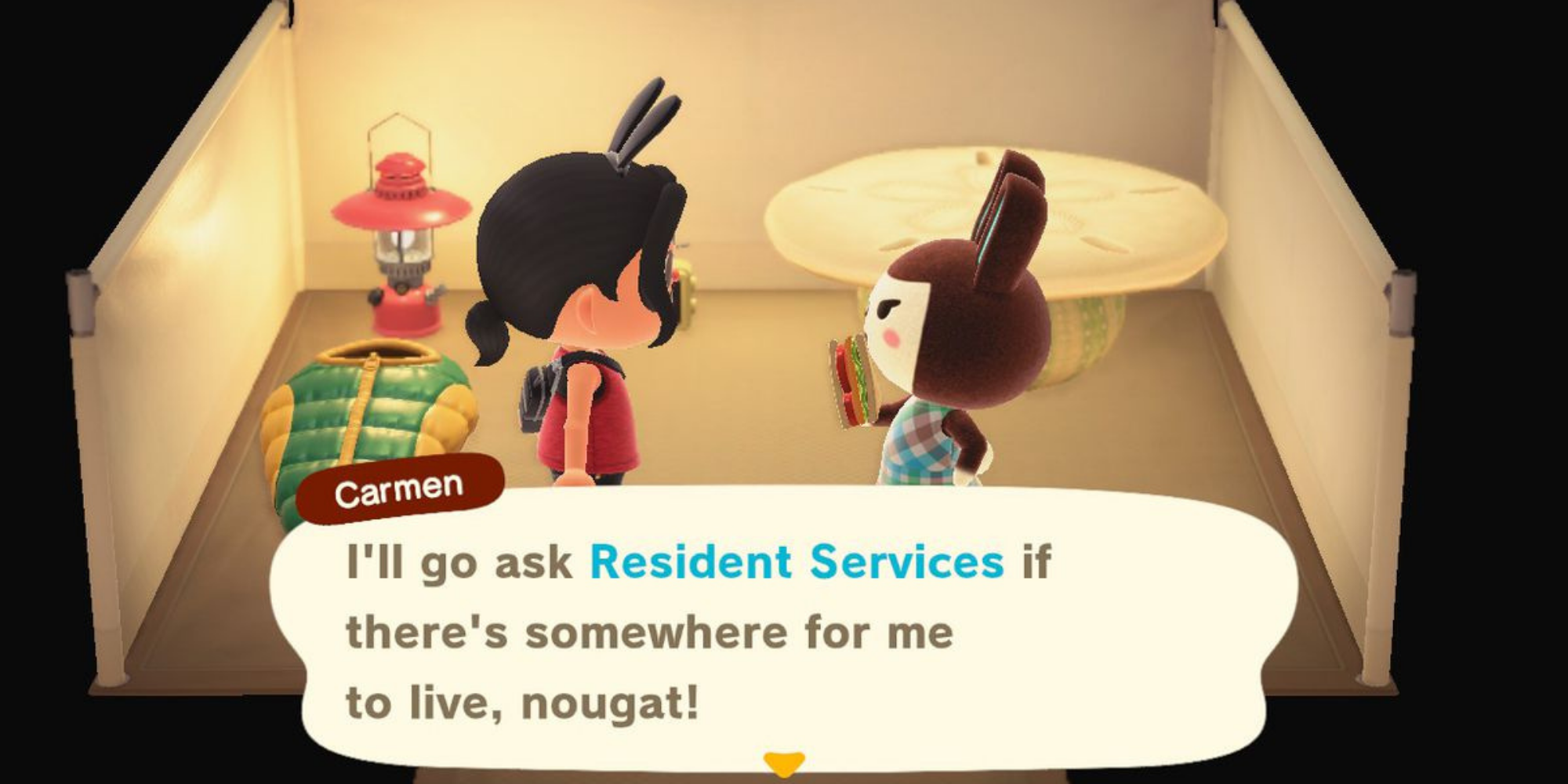 Animal Crossing New Horizons Carmen in a campsite going to talk to Resident Services