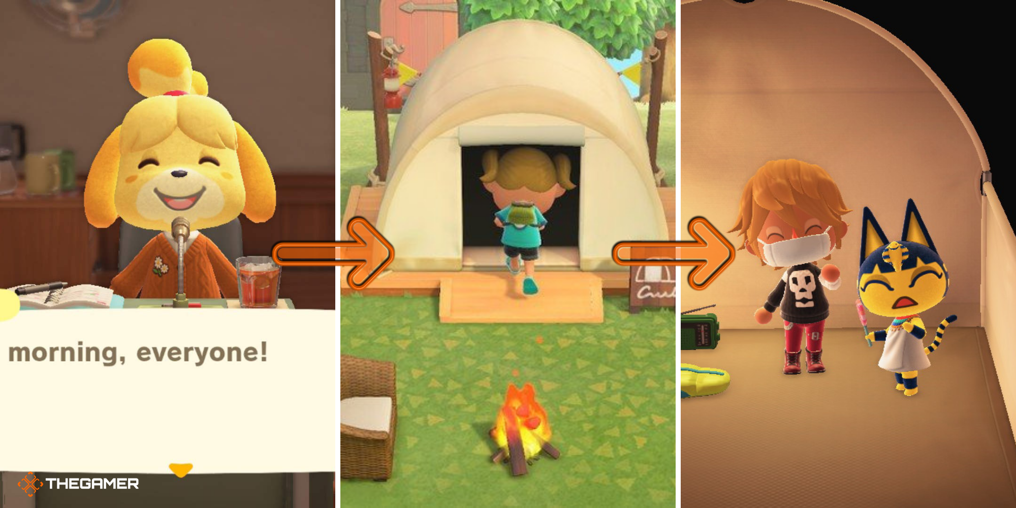 Animal Crossing New Horizons Split Image, Isabelle announcements on right, player entering the campsite in centre, player and camper waving to camera on right