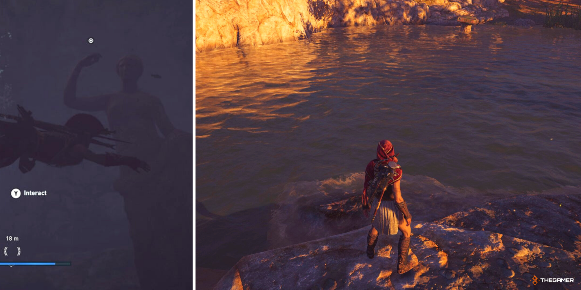 Assassin's Creed Odyssey - Kassandra overlooking a body of water on right, statue underwater on left