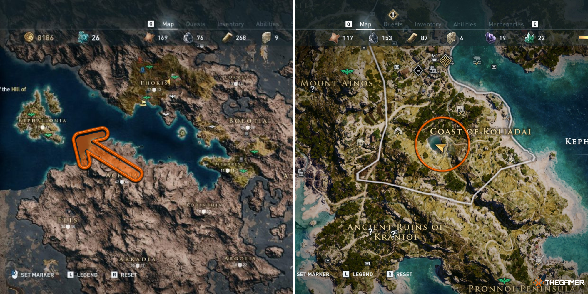 Assassin's Creed Odyssey - map zoomed out on left, Map zoomed in to Kephallonia on right