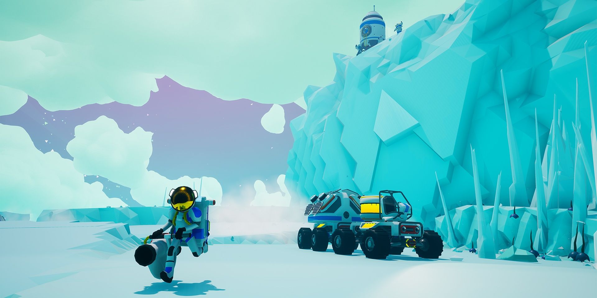 Astroneer player with rover on planet Glacio