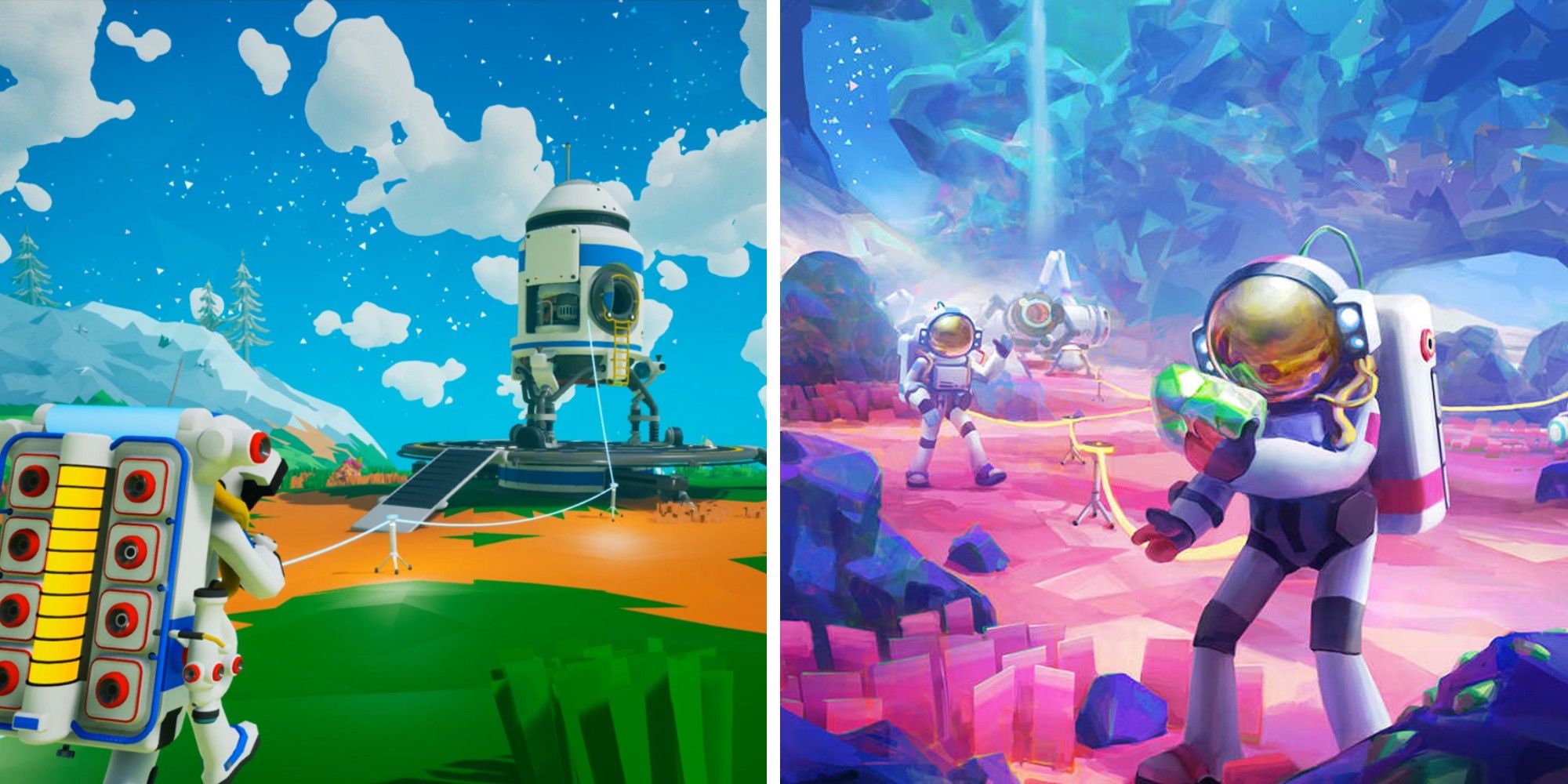 Astroneer Split Image, walking to spacecraft (left) picking up item (right)