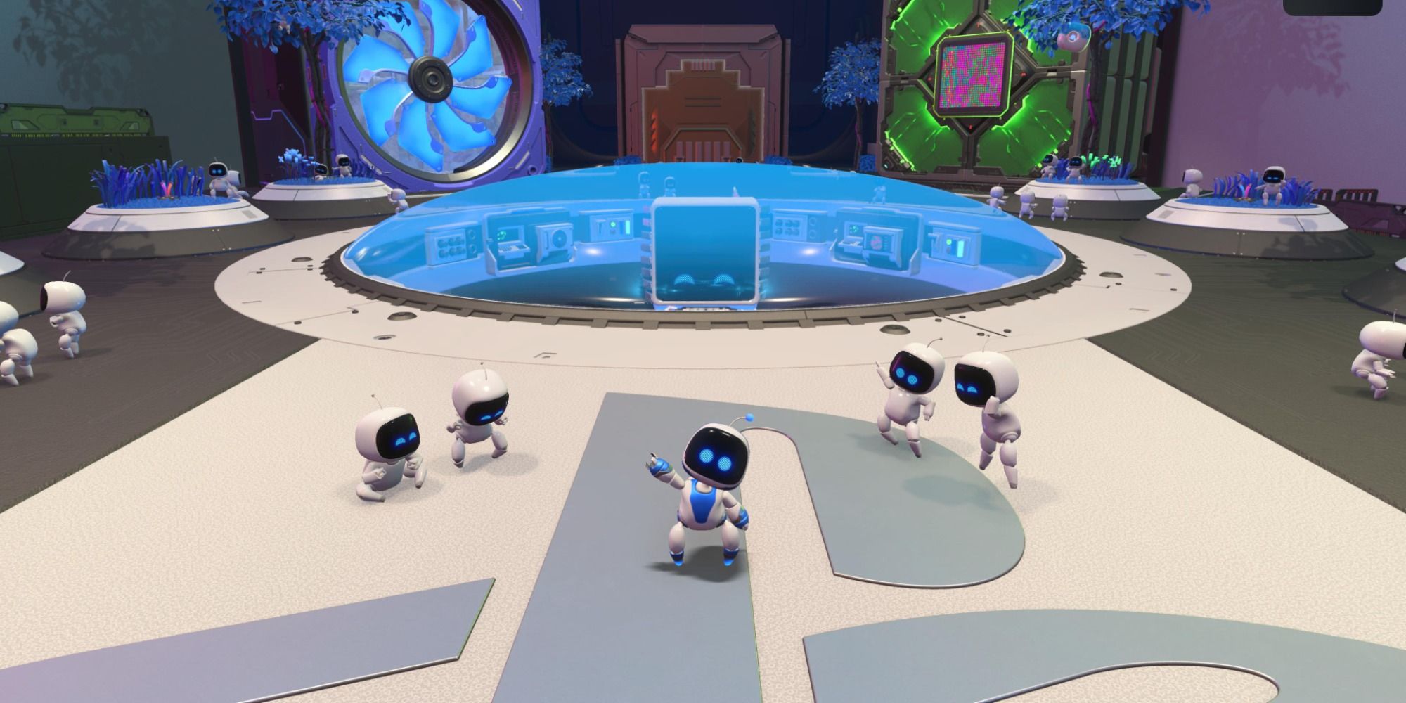 Astro's Playroom Astro waving at camera in hub with other bots around him on the logo