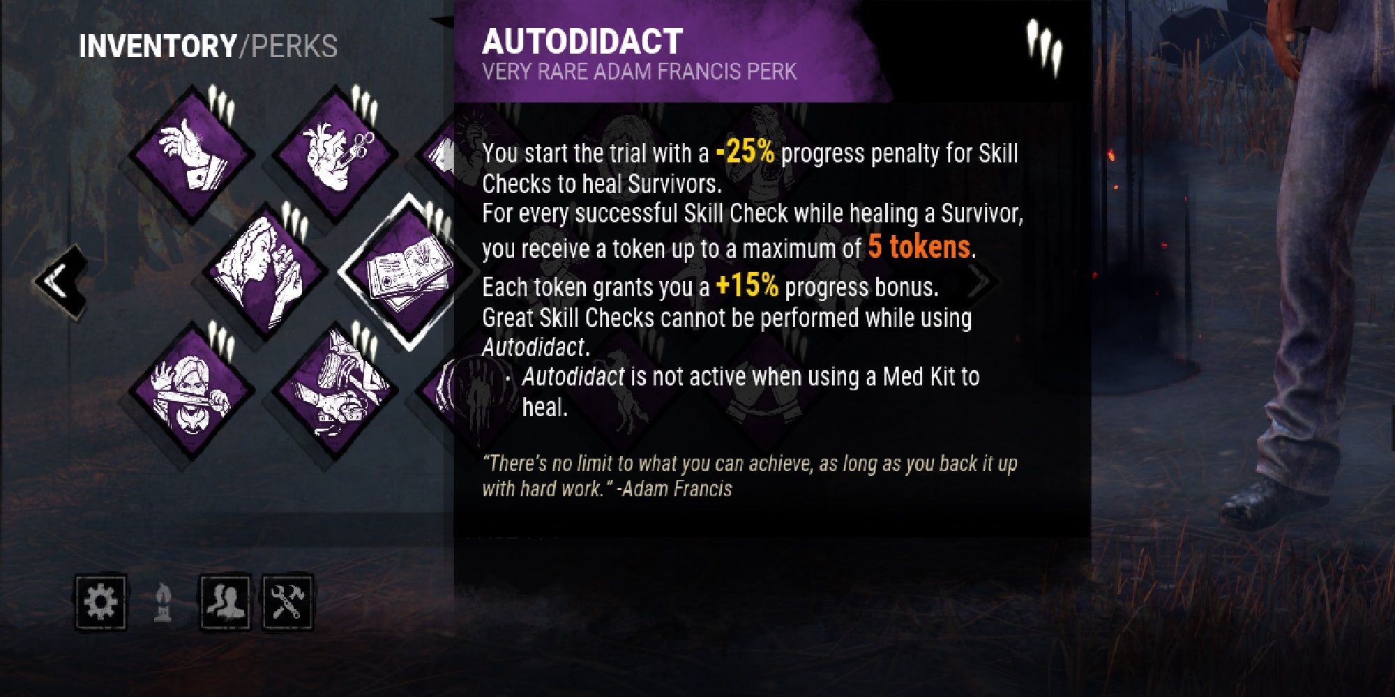 Autodidact Dead By Daylight Perk Screenshot Of Description In Survivor Loadout Menu