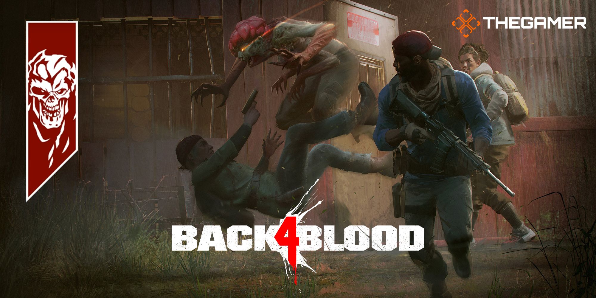 Mom being pounced by a Stalker in Back 4 Blood with the icon and banner for Nightmare difficulty on the left and Walker and Evangelo on the right