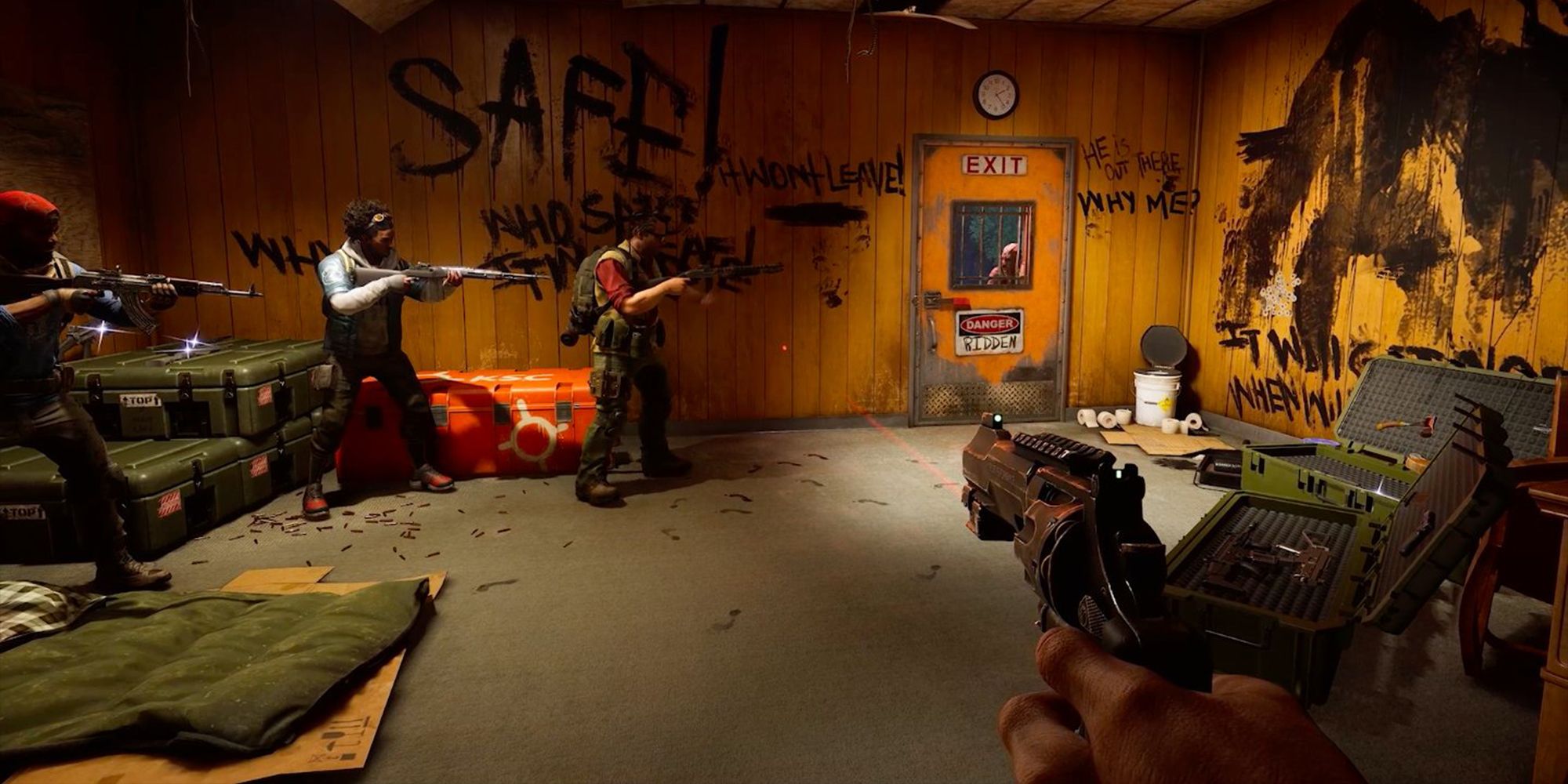 Walker, Evangelo, and Hoffman in a saferoom in Back 4 Blood with the player holding a revolver