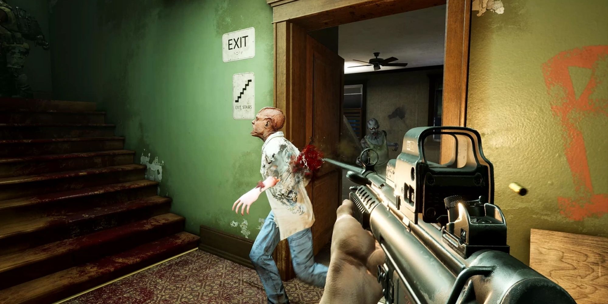 A player shooting a common Ridden zombie in a doorway with an assault rifle in Back 4 Blood