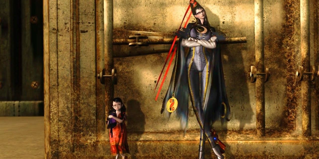 Bayonetta and Cereza standing together leaning against a container in a military base