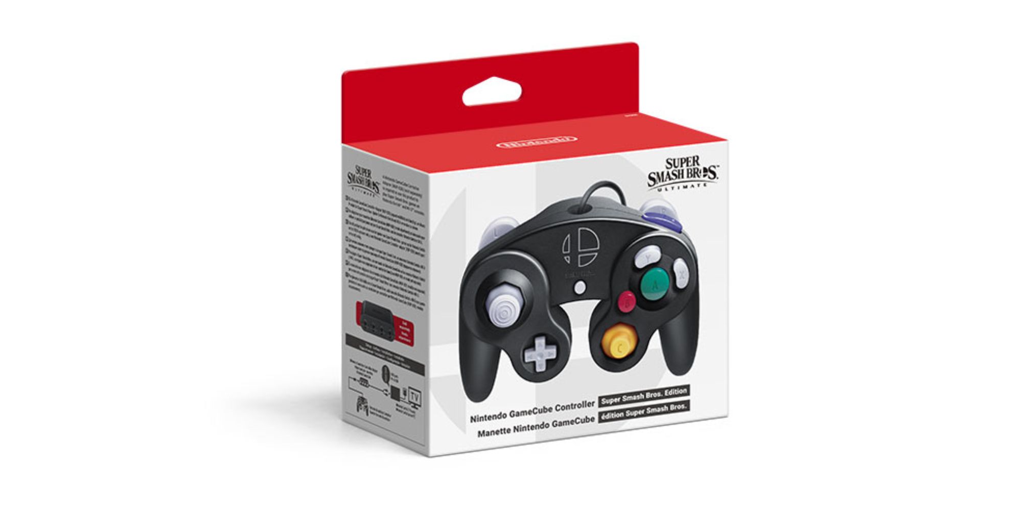 Switch Accessories a close up of a Nintendo Switch GameCube Controller box featuring a GameCube controller with the Super Smash Bros. logo on it
