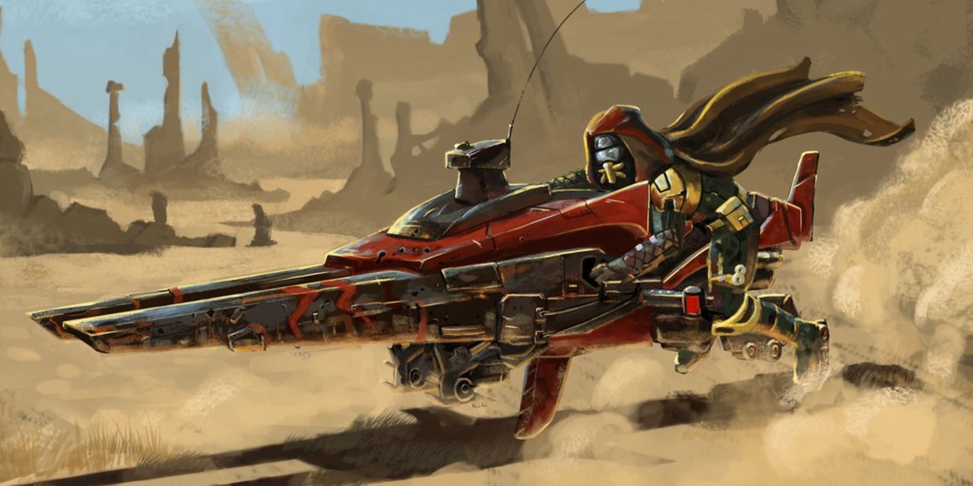 Best Vehicles concept art of a hooded figured riding a Sparrow from Destiny riding across a desert dune