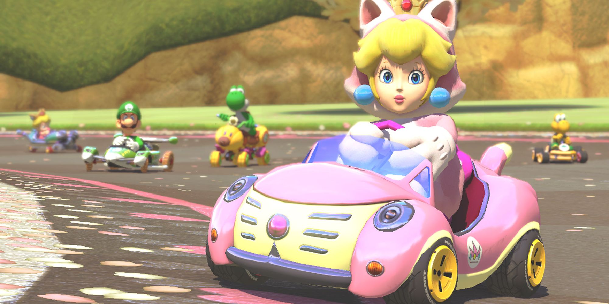 Best Vehicles Cat Peach driving the Cat Cruiser kart with Yoshi, Luigi and Koopa Troopa in the background