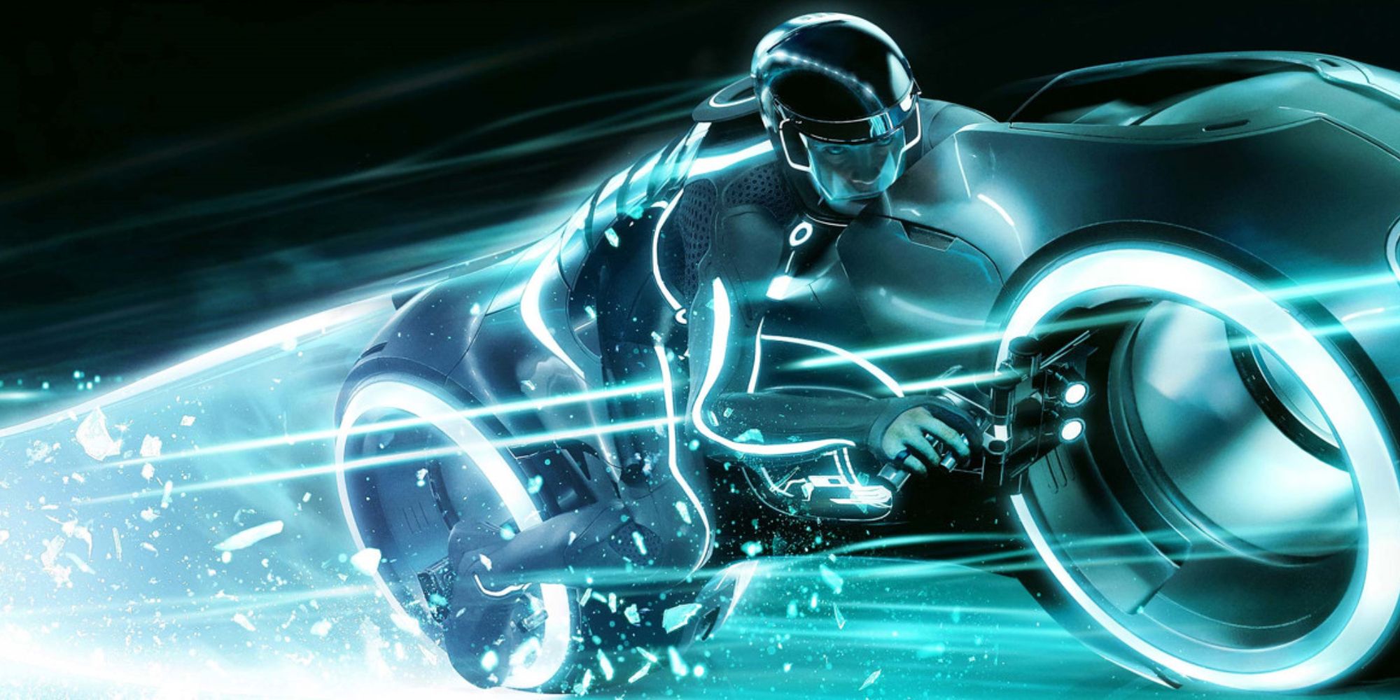 Best Vehicles a close up of Sam from the movie Tron Legacy riding a Light Cycle with a beam of light shooting out behind him