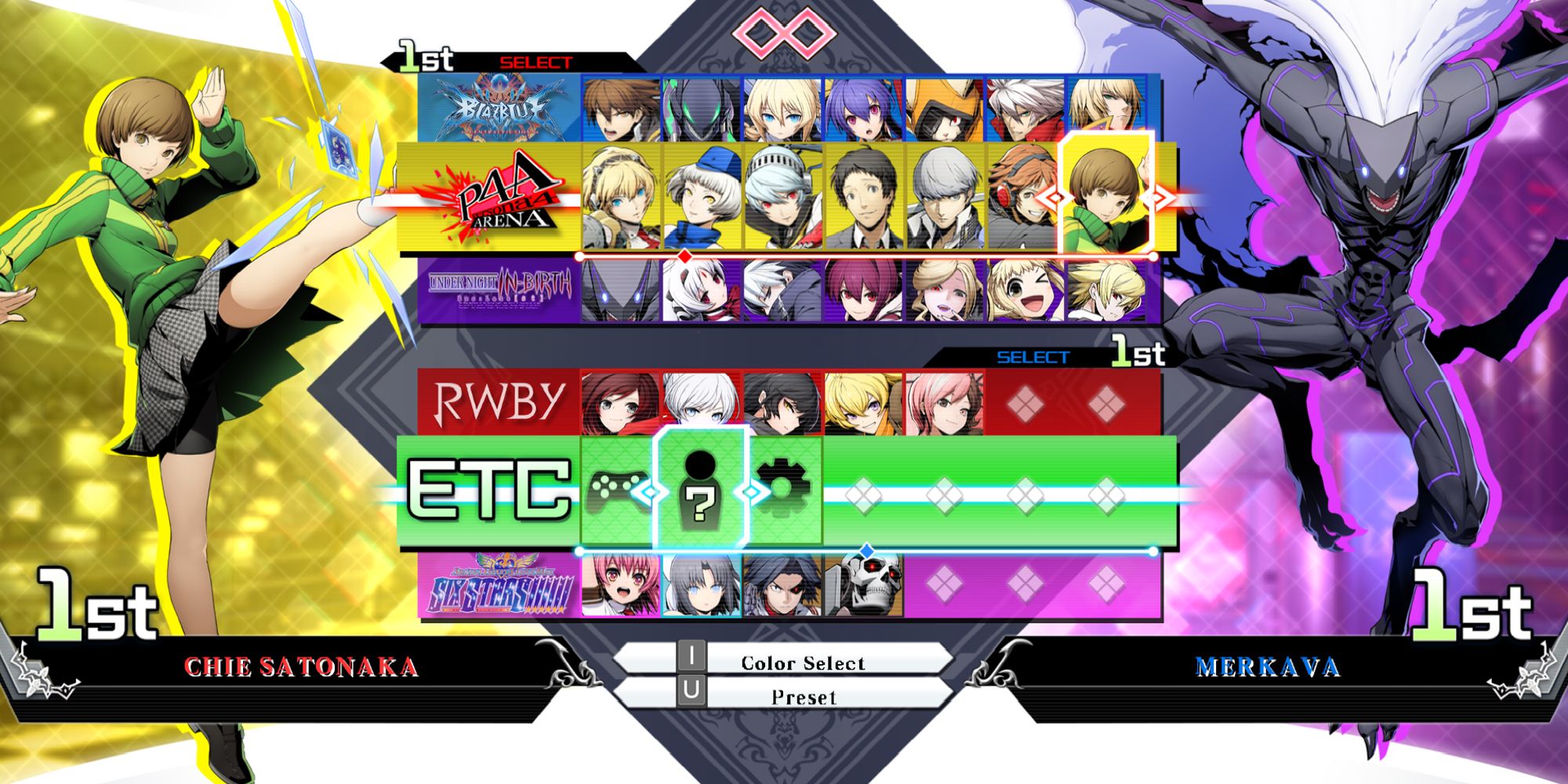 The Character Select Screen for BlazBlue: Cross Tag Battle