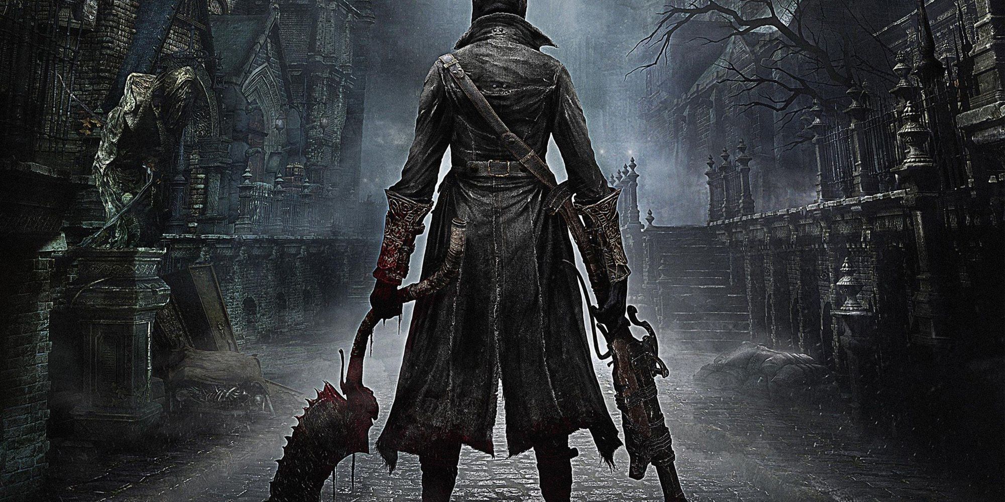Box Art for the PlayStation 4 Title, Bloodborne. A Hunter wielding a sawblade and a blunderbuss