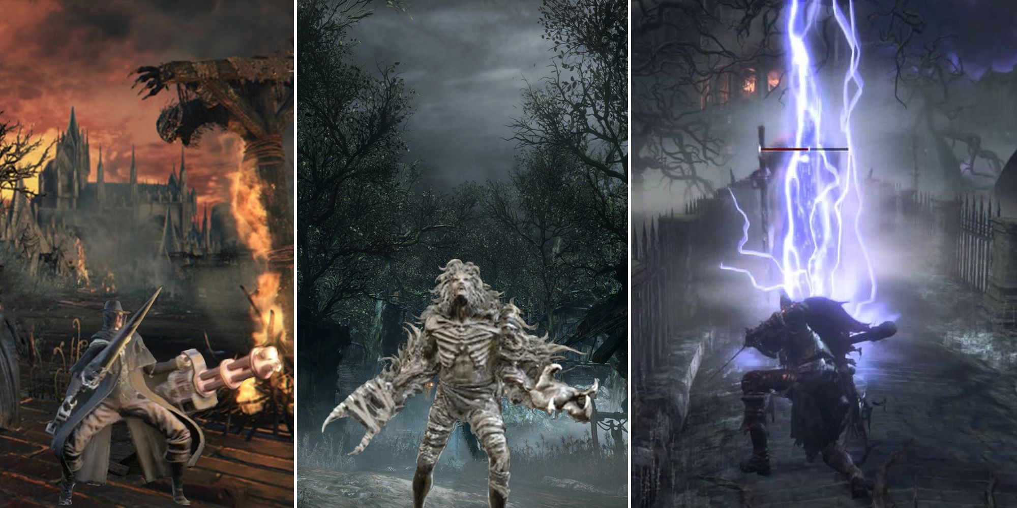 Hunters using various weapons in Bloodborne