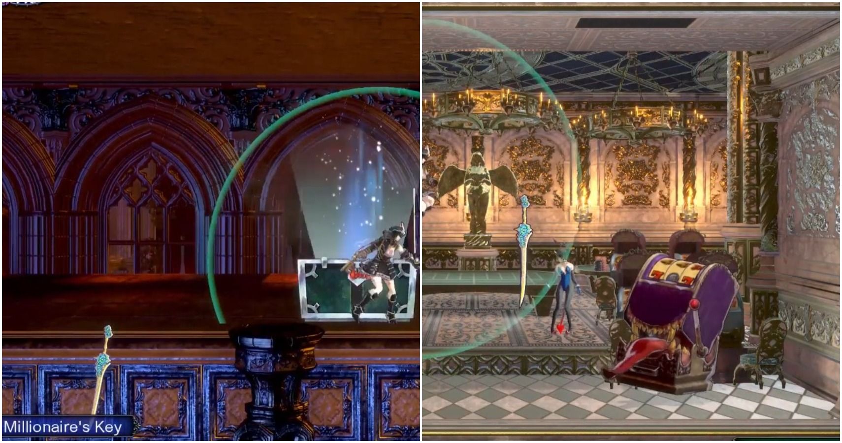 Split image of Millionaires key chest and Mimic slot machine box in lavish hall in Bloodstained Ritual of the Night