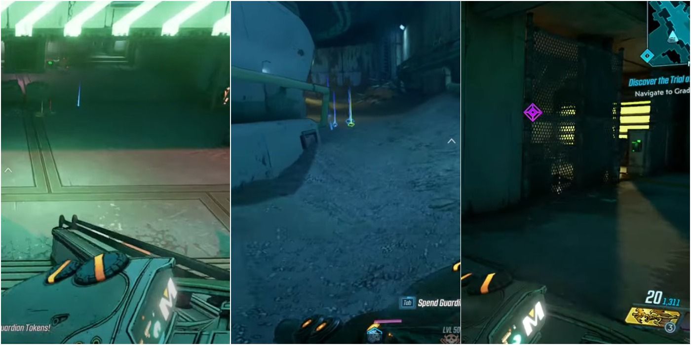Split image of steps to reach the Lectra City puzzle and One Punch in Borderlands 3, with Cypberpunk city at night