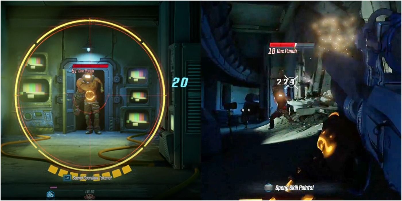 Borderlands 3 One Punch split image of scoping One Punch and shooting him from a distance in a dark subway