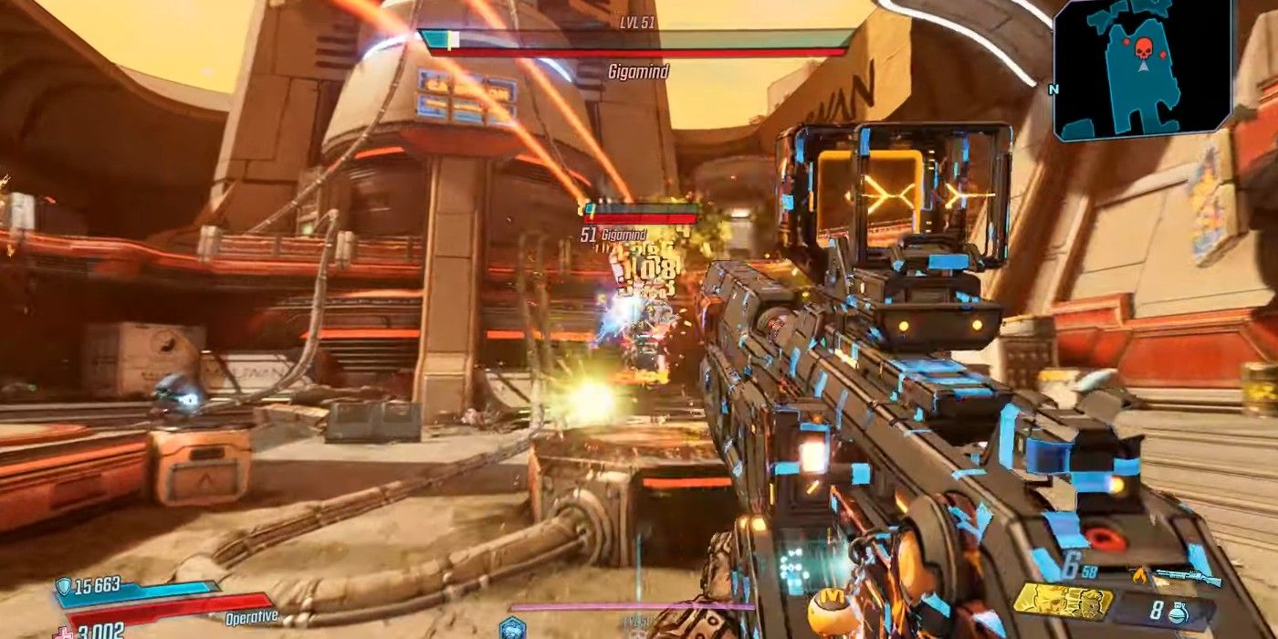Borderlands 3 shooting Gigamind with rifle and whittling down shield