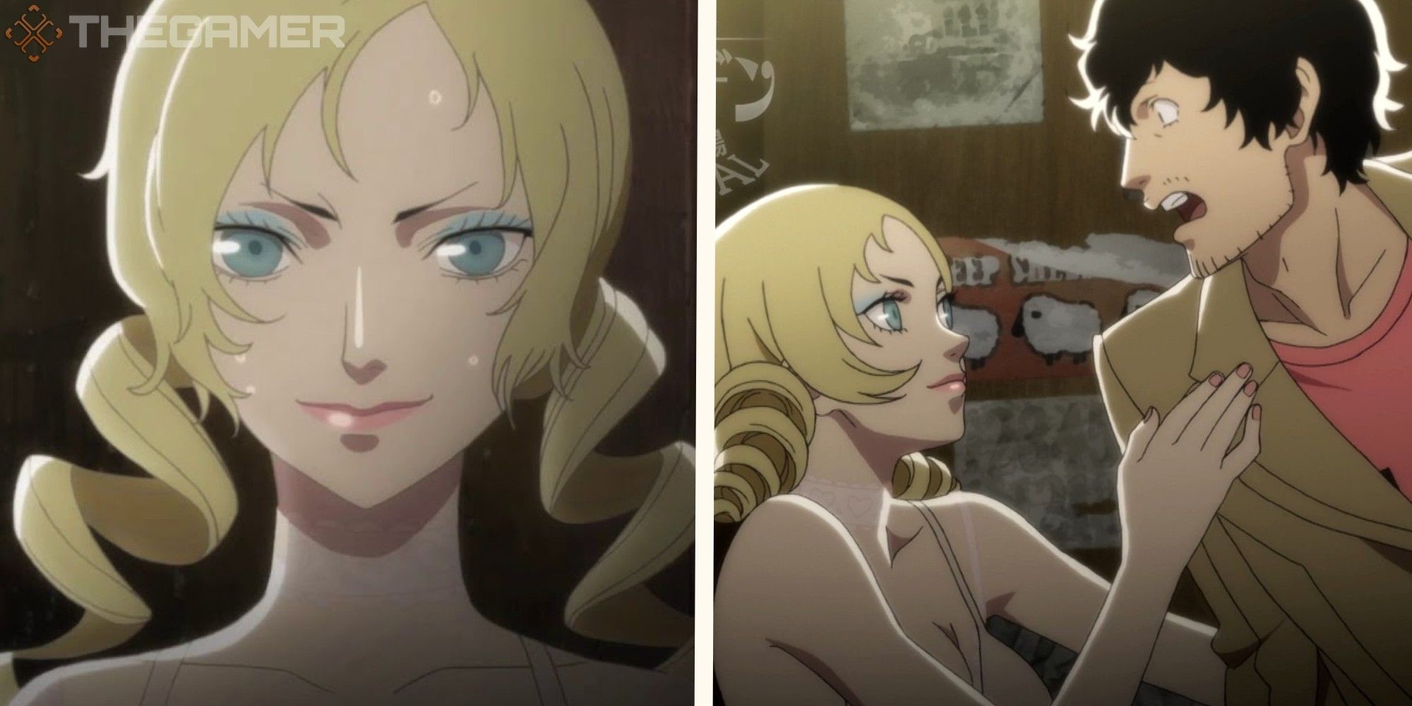 image of catherine looking forward, next to image of catherine grabbing on to vincents shoulder