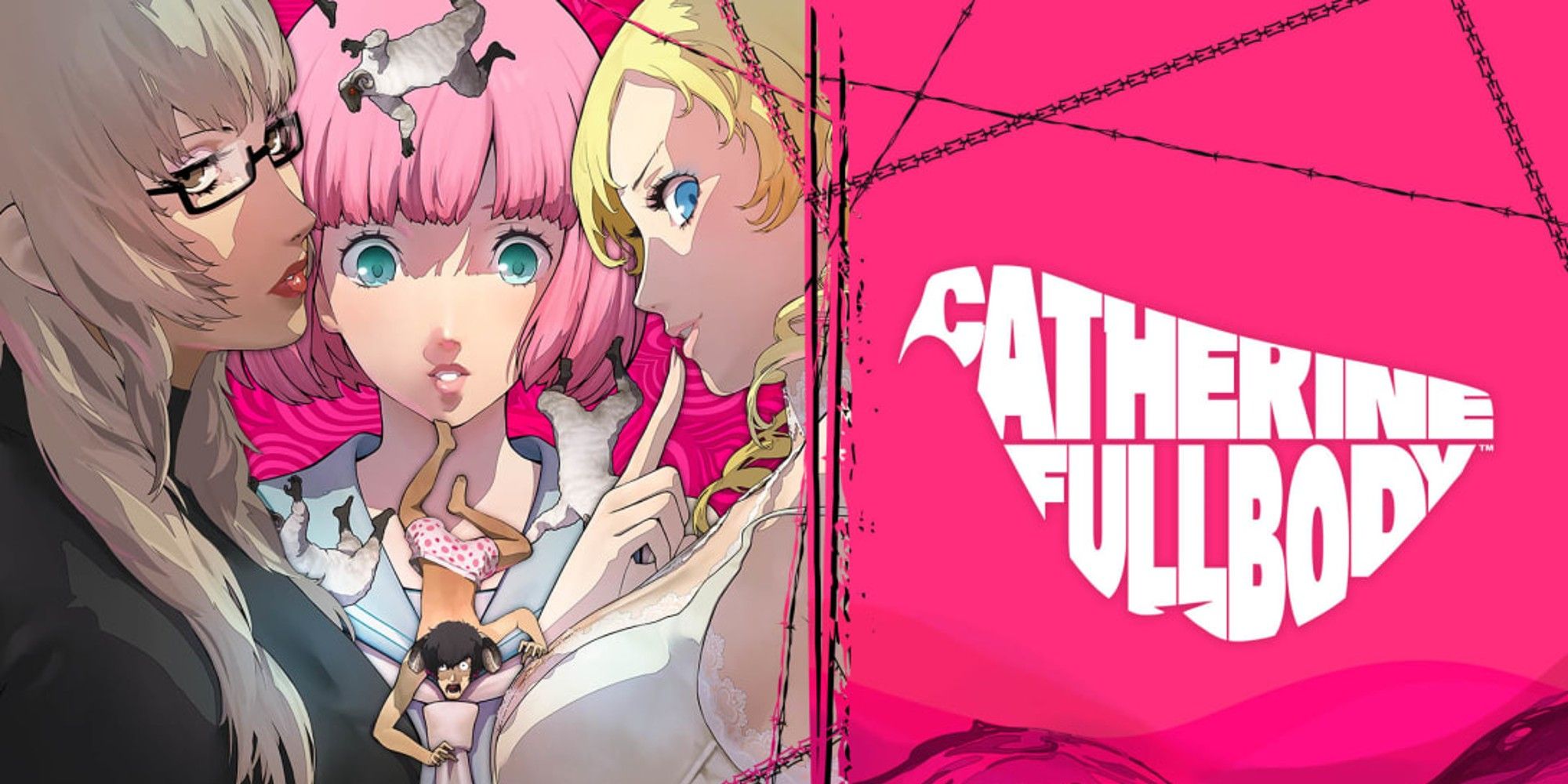 all three 'catherine' characters posing with vincent in the center, with 'catherine fullbody' stylized on side