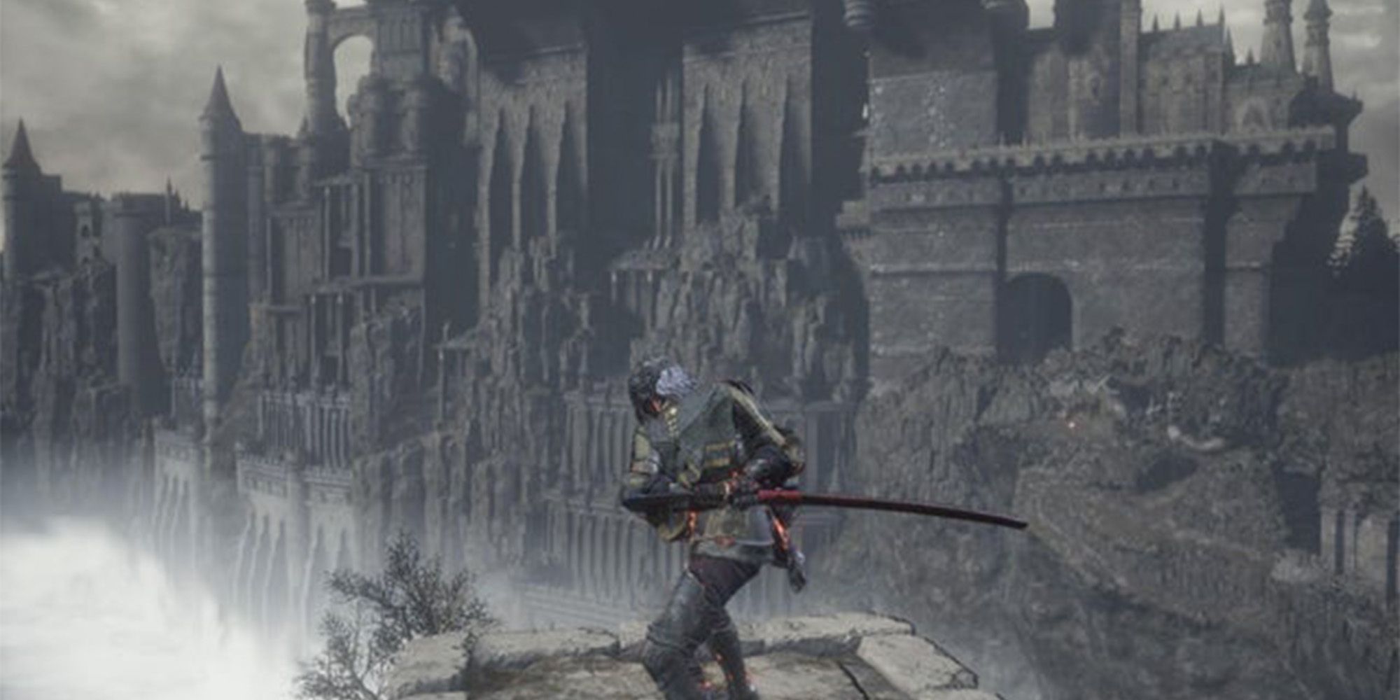 A player equipped with the Chikage and the Cainhurst armor set Bloodborne