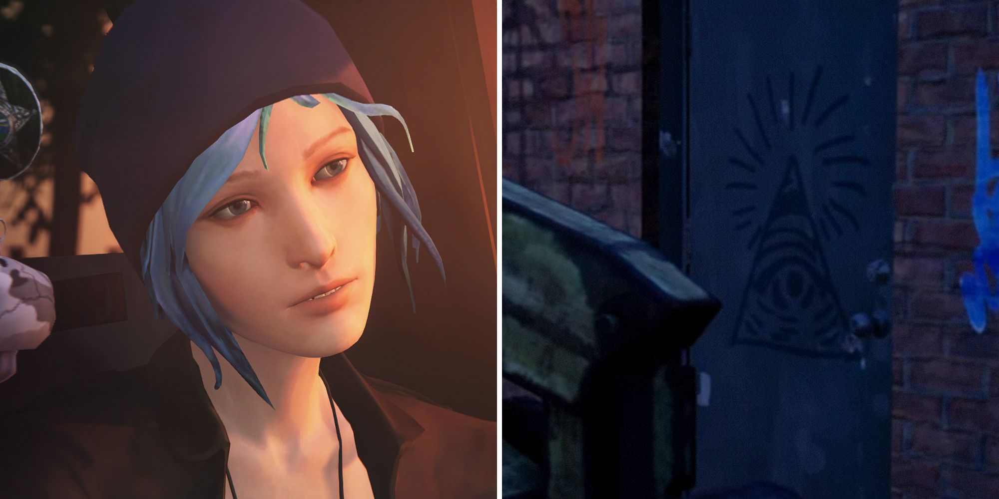 Split image of Chloe Price from Life is Strange on the left, and graffiti made by her on the right. 
