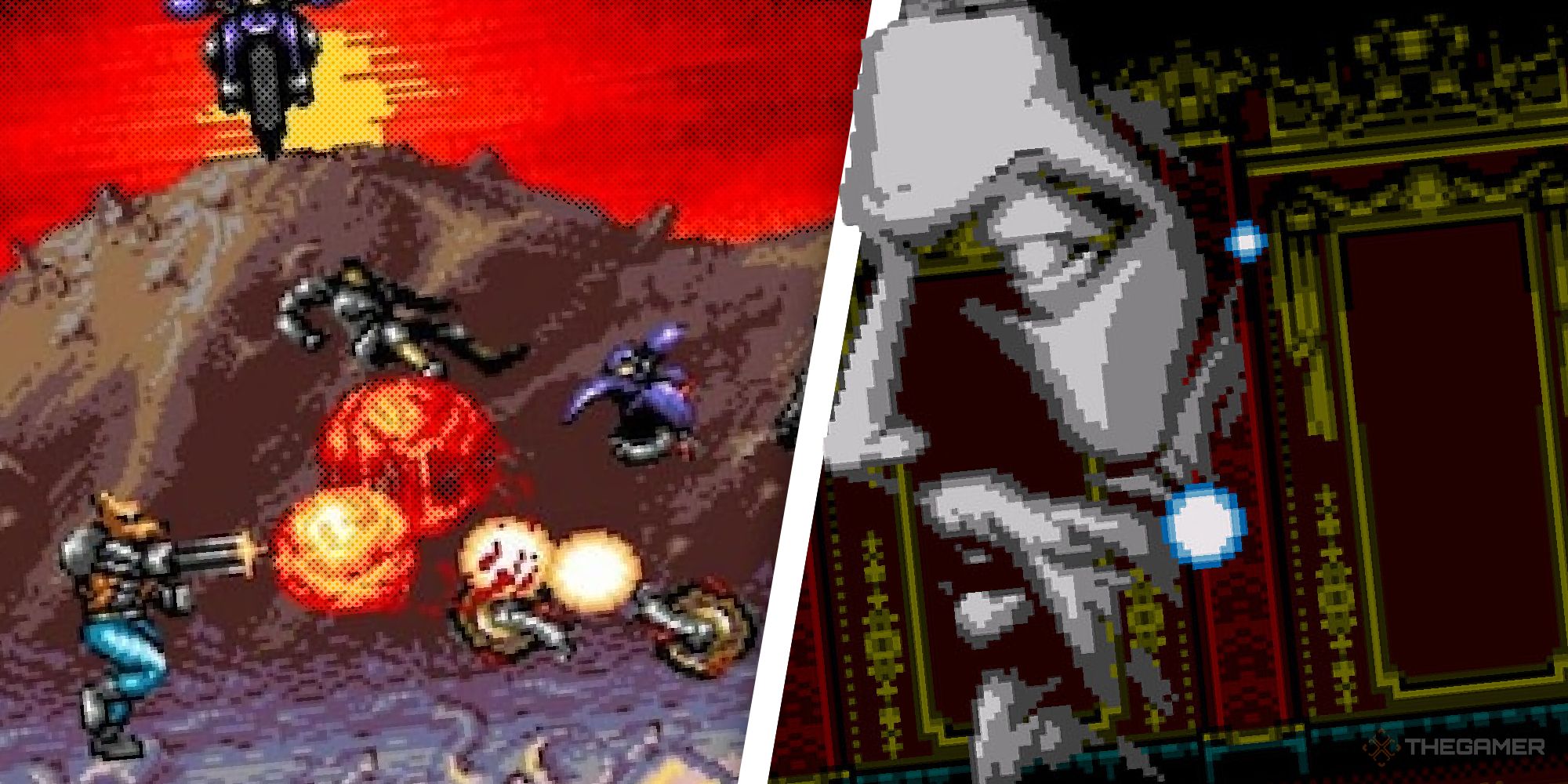 Contra gunfight with explosions and Castlevania giant grey face staring 