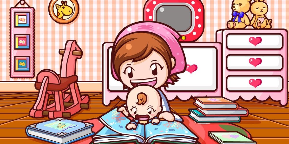 Cooking Mama turns the pages of a book with a baby on her lap