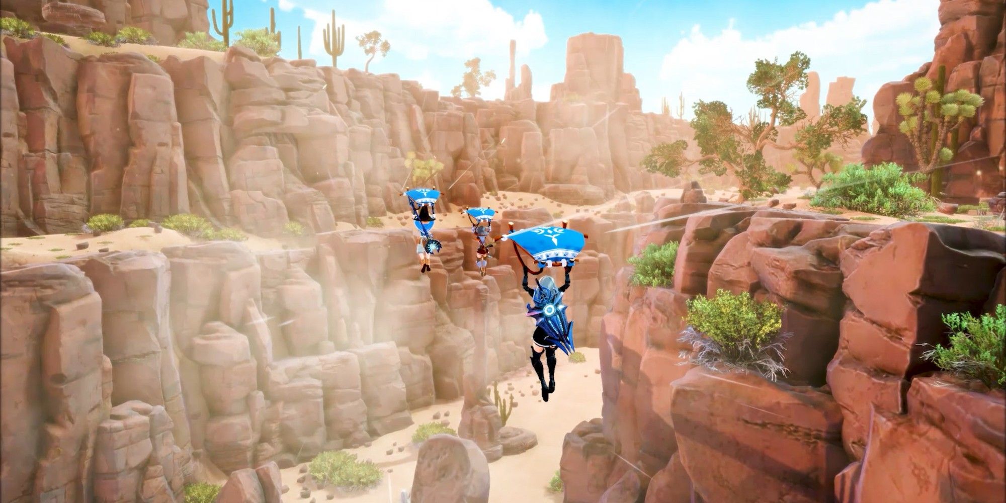Craftopia Players Using Gliders Across Desert Chasm