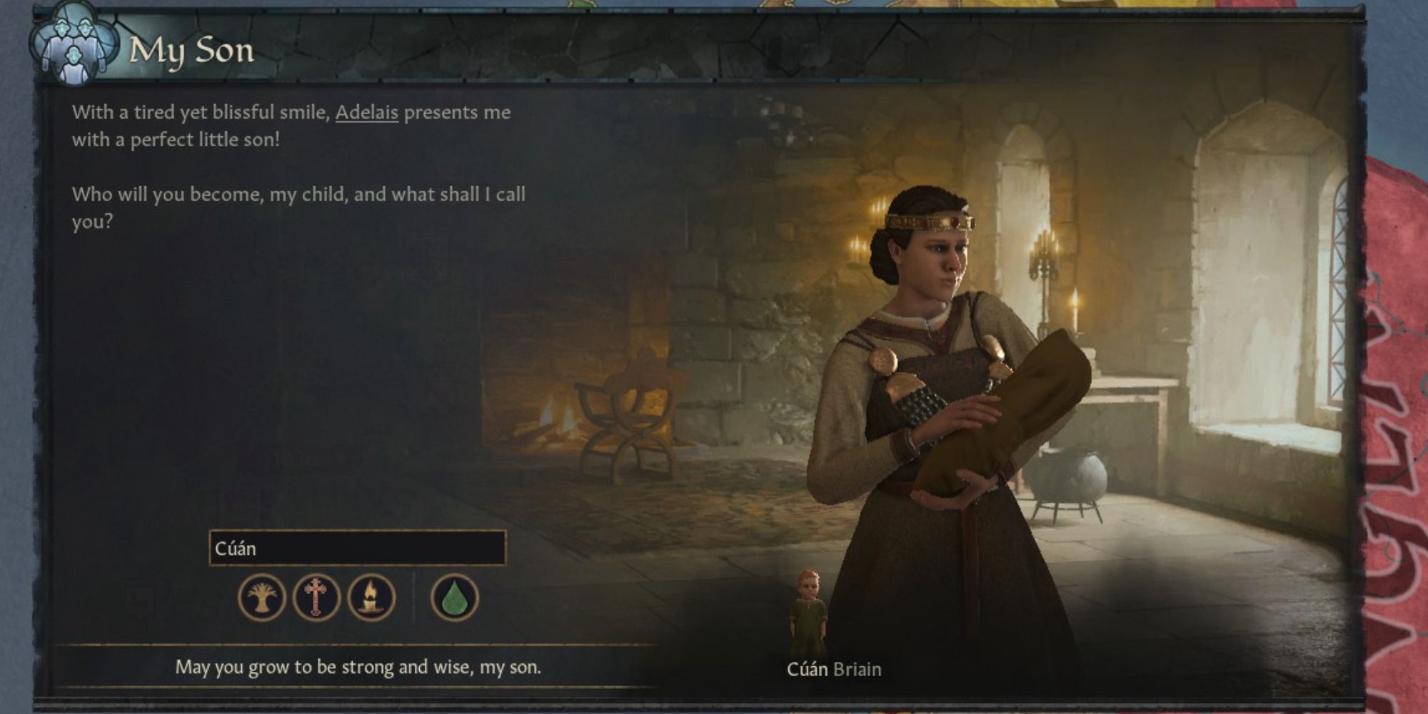 An event announcing the birth of a son in Crusader Kings 3