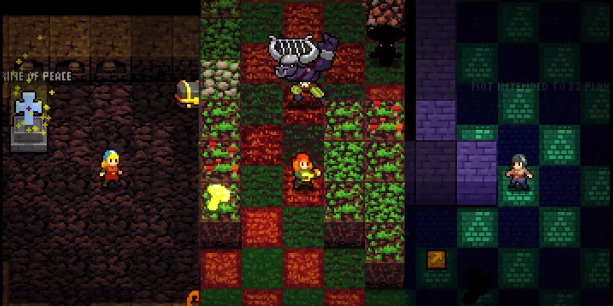 Characters in Crypt Of The Necrodancer standing around with the middle one playing a guitar