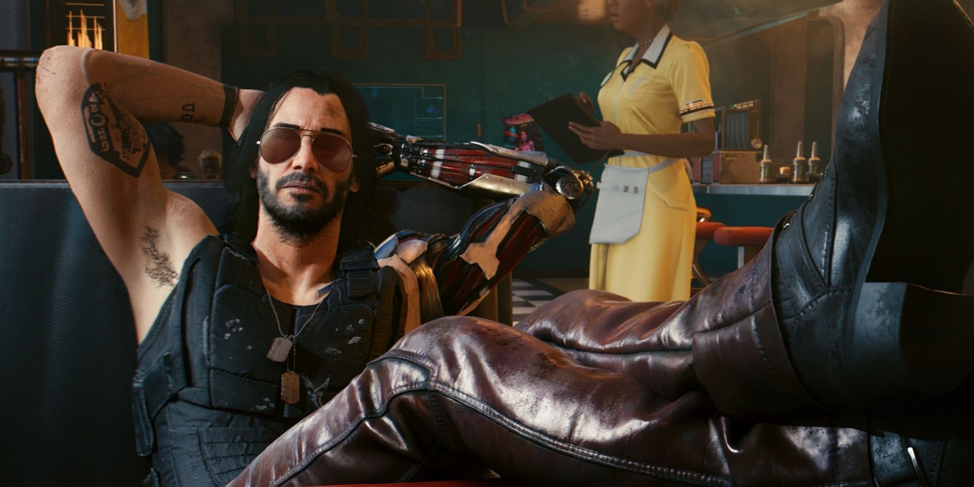 Cyberpunk 2077 Keanu Reeves as Johnny Silverhand kicking his feet back and relaxed in a booth ata diner.