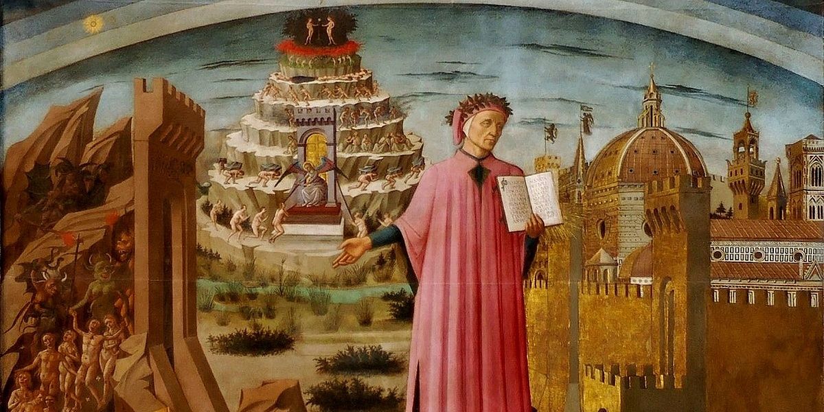 Dante's Divine Comedy. A man in faded red gown holding a book while many things go on in the background