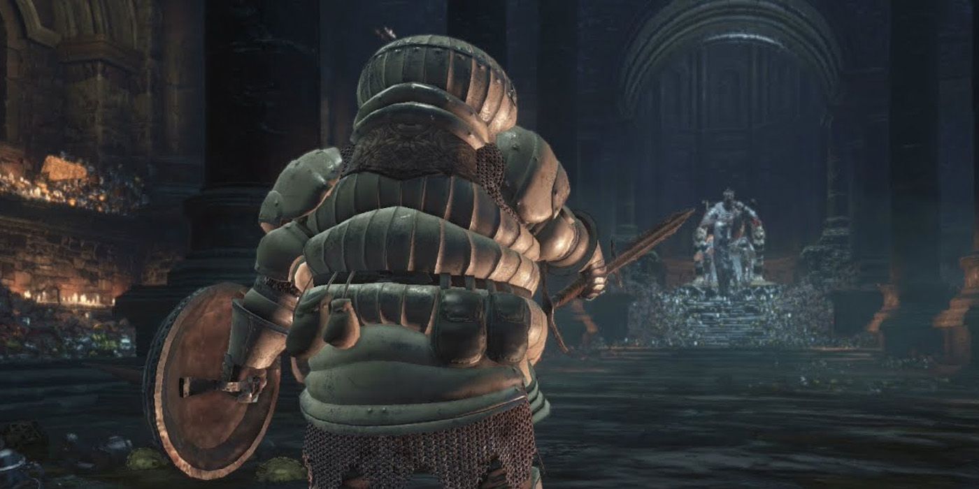 Siegward looking at Yhorm, ready to fight.