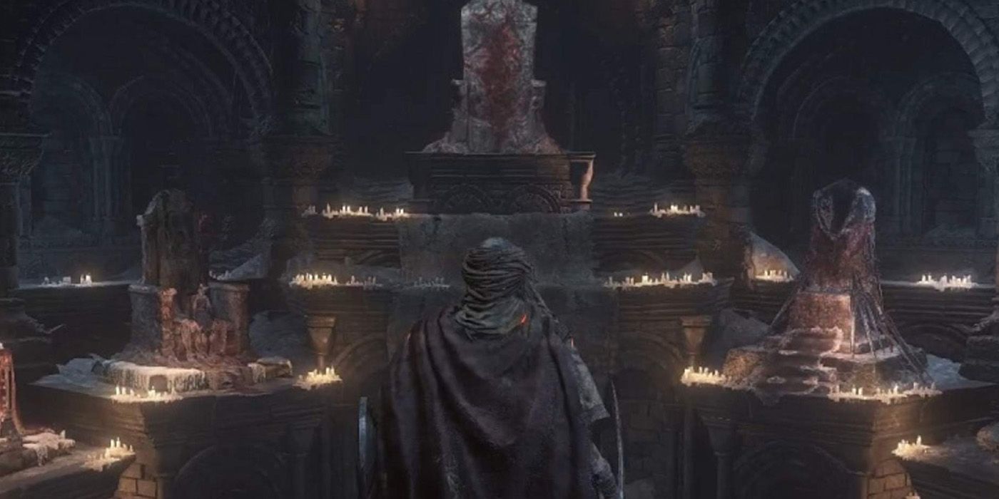 The player looking at the thrones of the lords of Cinder.