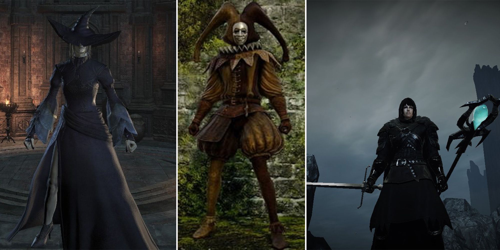 A collage showing three different builds you can create in Dark Souls 2.