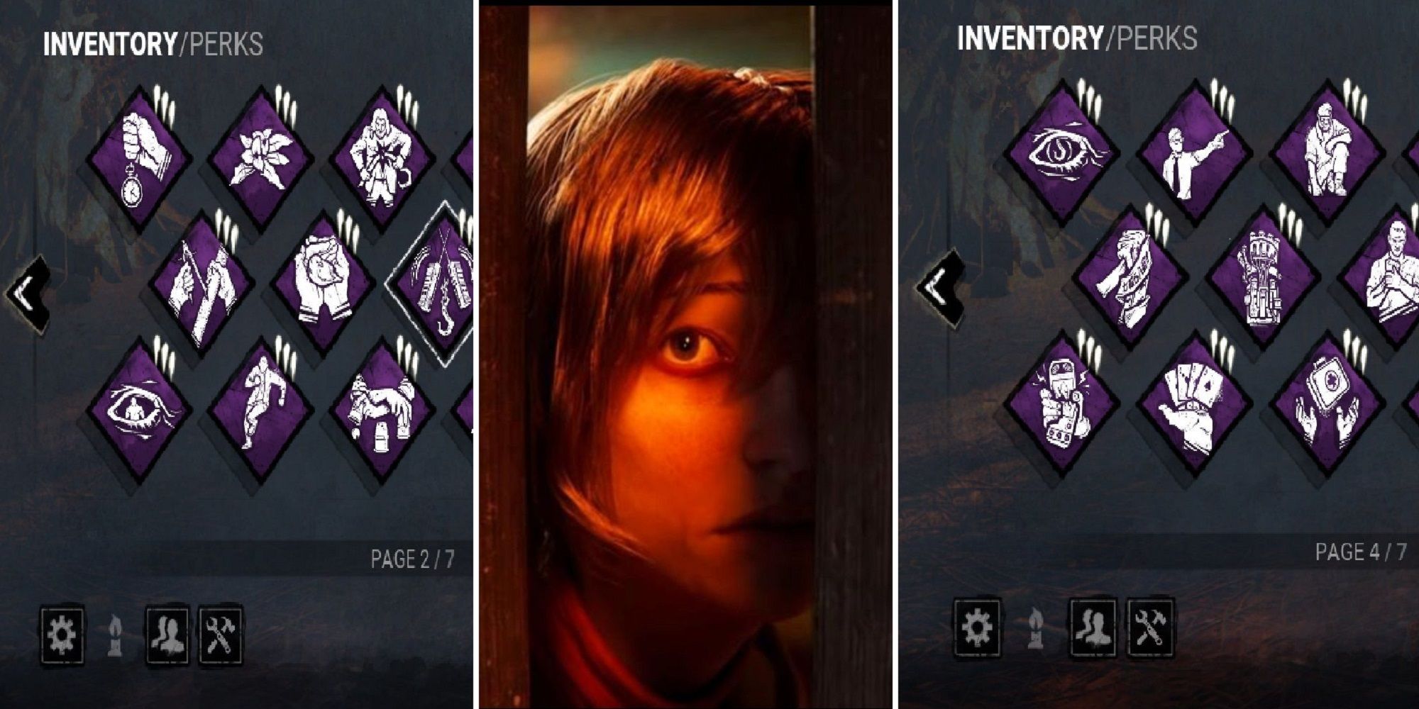 Dead By Daylight split image Cheryl Mason official art in center with screenshots of the game's perk selection menu on either side.