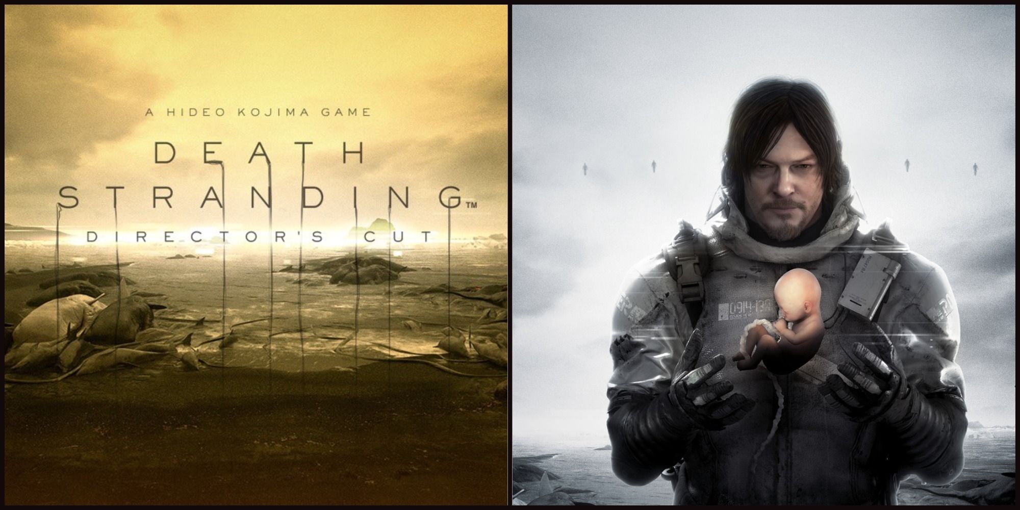 Split Image. Death Stranding Director's Cut Logo on the left with beached whales in the background with a gold filter. On the right, Sam Porter Holding BB out of its pod with a silver filter