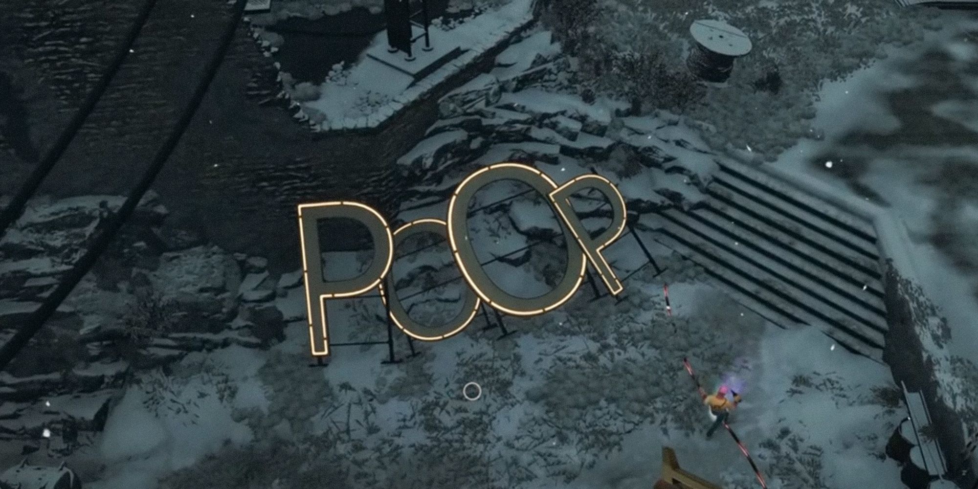 A neon sign placed upon snowy ground. It reads "Poop". A possible Easter egg in Deathloop.