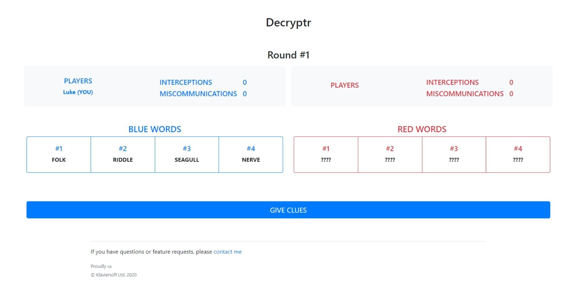 The main page that players see for Decryptr.io, showing each team's clues.