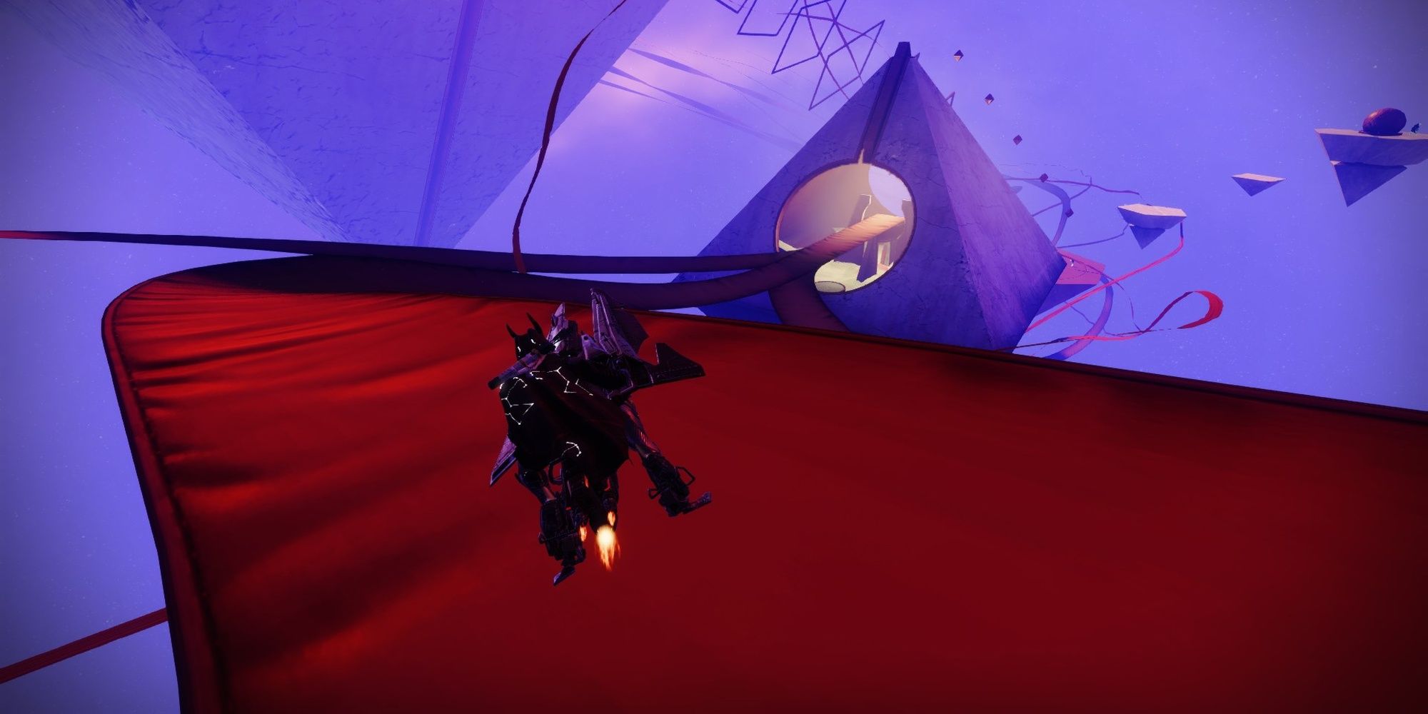 A player using a jetpack in a large red corridor within a perforated crystal.