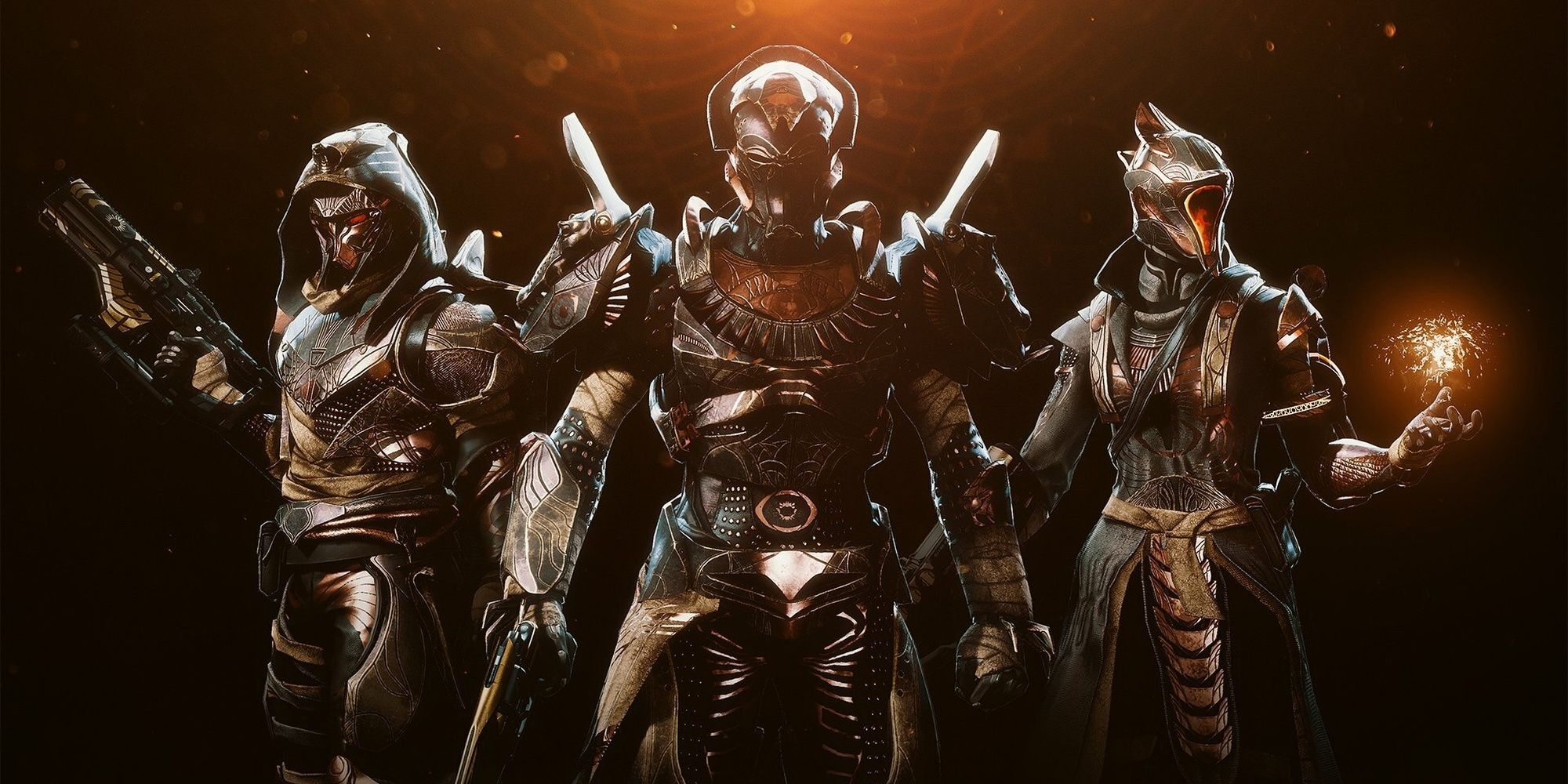 Destiny 2 Trials of Osiris A Hunter with a raised gun, Titan with a gun to their side and Warlock with a solar orb in their hand wearing Trials of Osiris armor against a dark background