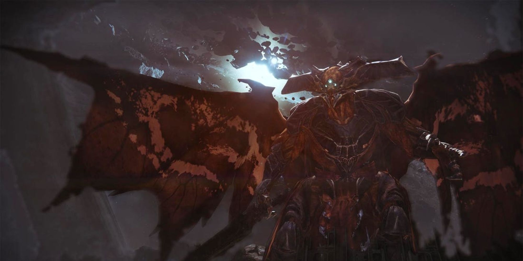 Destiny wide shot of Oryx standing with sword in left hand and wings spread out against a backdrop of broken astroids