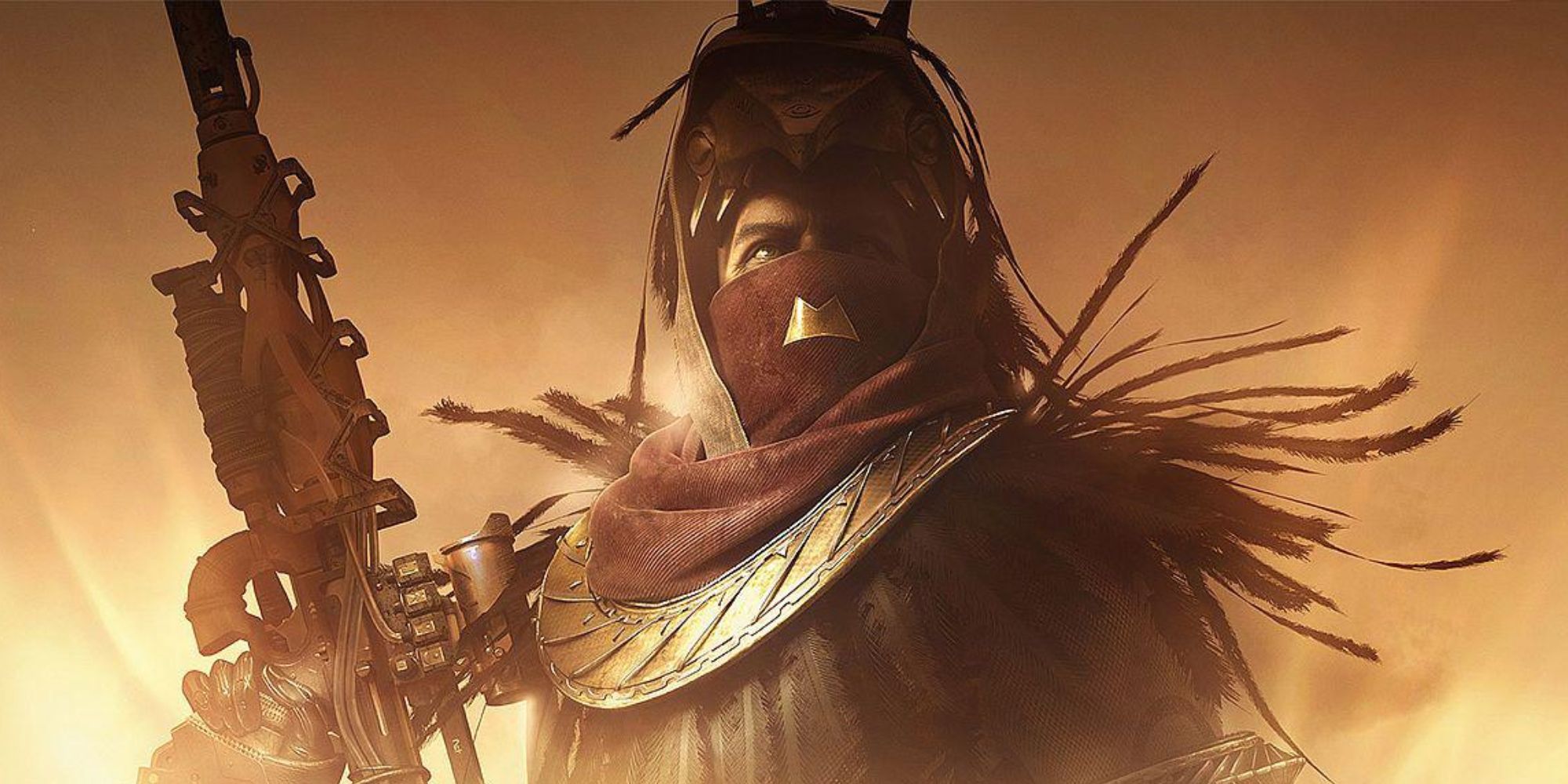 Destiny close up of Osiris holding a rifle with his hood up against a glowing orange backdrop